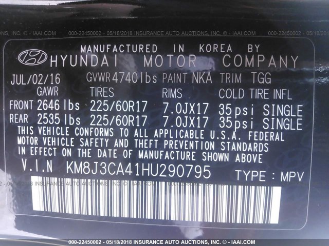 KM8J3CA41HU290795 - 2017 HYUNDAI TUCSON LIMITED/SPORT AND ECO/SE BLACK photo 9