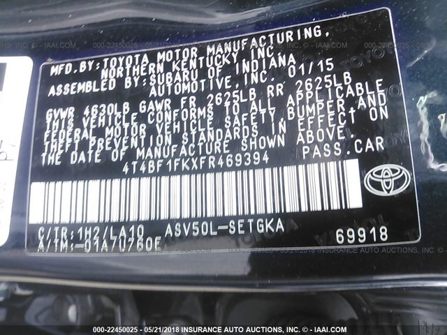 4T4BF1FKXFR469394 - 2015 TOYOTA CAMRY LE/XLE/SE/XSE BLUE photo 9