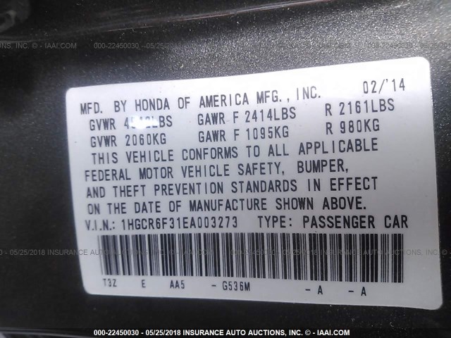 1HGCR6F31EA003273 - 2014 HONDA ACCORD HYBRID GRAY photo 9