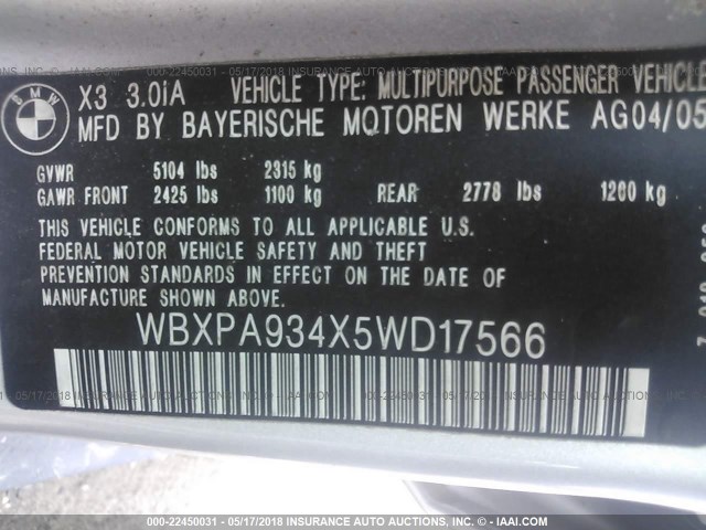 WBXPA934X5WD17566 - 2005 BMW X3 3.0I SILVER photo 9
