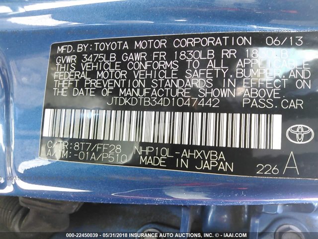 JTDKDTB34D1047442 - 2013 TOYOTA PRIUS C BLUE photo 9