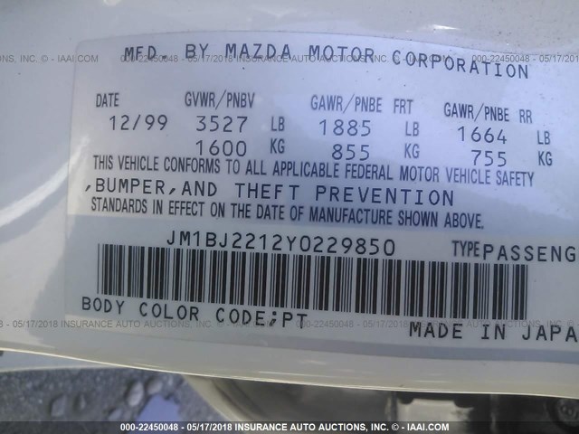 JM1BJ2212Y0229850 - 2000 MAZDA PROTEGE ES WHITE photo 9