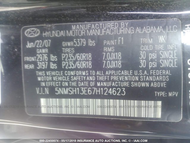 5NMSH13E67H124623 - 2007 HYUNDAI SANTA FE SE/LIMITED BLACK photo 9