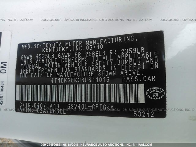 4T1BK3EK3BU611016 - 2011 TOYOTA CAMRY SE/LE/XLE 白色 照片 9