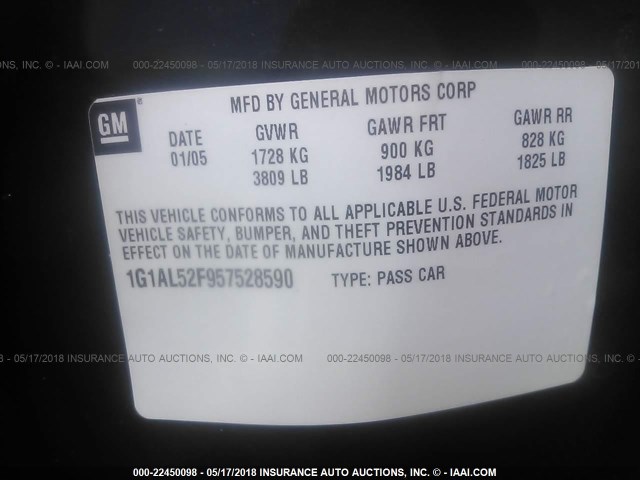 1G1AL52F957528590 - 2005 CHEVROLET COBALT LS BLACK photo 9