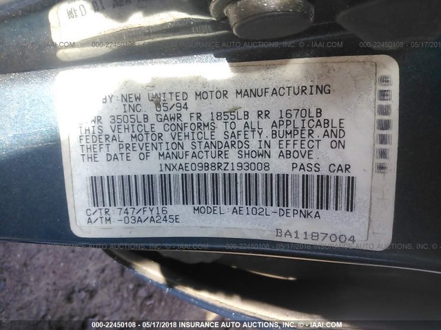 1NXAE09B8RZ193008 - 1994 TOYOTA COROLLA LE/DX 绿色 照片 9