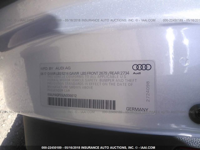 WAUY4GF59JN006612 - 2018 AUDI S5 PREMIUM PLUS 银色 照片 9