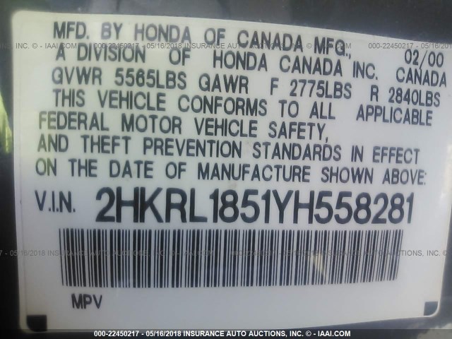 2HKRL1851YH558281 - 2000 HONDA ODYSSEY LX GRAY photo 9