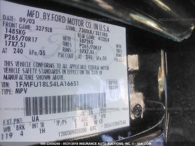 1FMFU18L54LA16651 - 2004 FORD EXPEDITION EDDIE BAUER BLACK photo 9