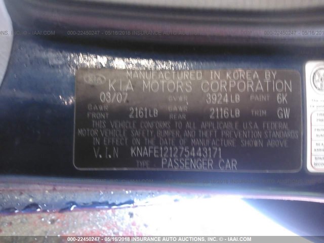 KNAFE121275443171 - 2007 KIA SPECTRA EX/LX BLUE photo 9