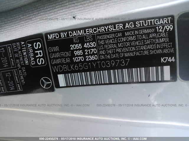 WDBLK65G1YT039737 - 2000 MERCEDES-BENZ CLK 320 SILVER photo 9