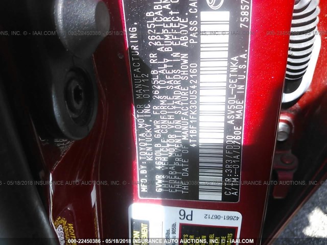 4T1BF1FK3CU542160 - 2012 TOYOTA CAMRY SE/LE/XLE RED photo 9