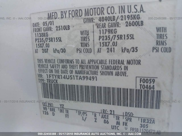 1FTYR14U51TA99491 - 2001 FORD RANGER SUPER CAB WHITE photo 9