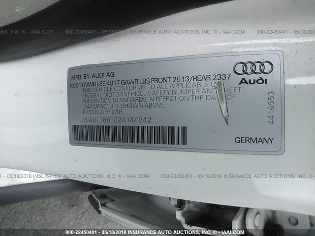 WAULT68E02A144942 - 2002 AUDI A4 3.0 QUATTRO WHITE photo 9