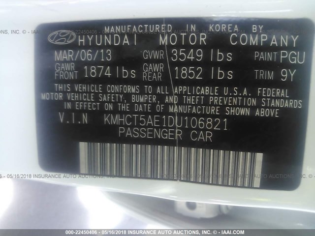 KMHCT5AE1DU106821 - 2013 HYUNDAI ACCENT GLS/GS WHITE photo 9