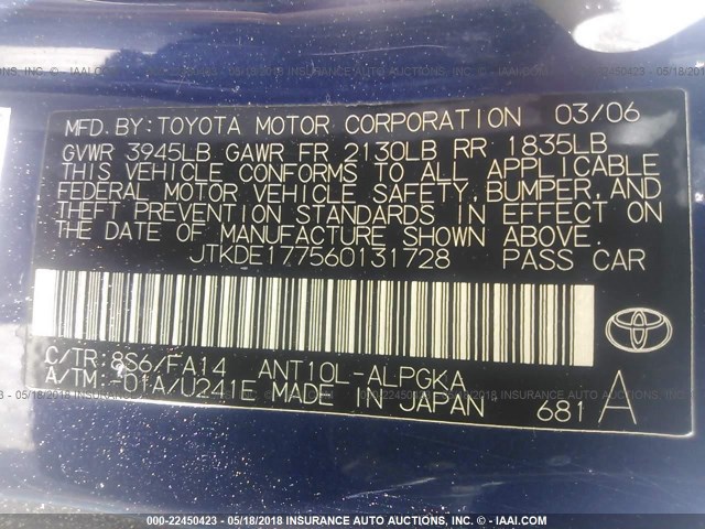 JTKDE177560131728 - 2006 TOYOTA SCION TC BLUE photo 9