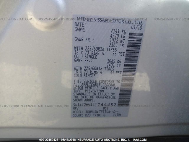 5N1AT2MV4JC744452 - 2018 NISSAN ROGUE SV/SL SILVER photo 9