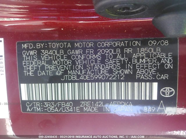 JTDBL40E599072212 - 2009 TOYOTA COROLLA LE/XLE RED photo 9