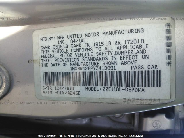 1NXBR12E2YZ413891 - 2000 TOYOTA COROLLA VE/CE/LE 银色 照片 9