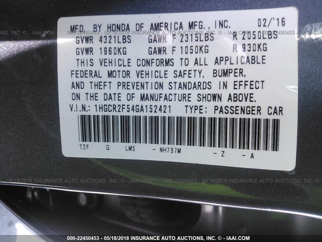1HGCR2F54GA152421 - 2016 HONDA ACCORD SPORT 灰色 照片 9