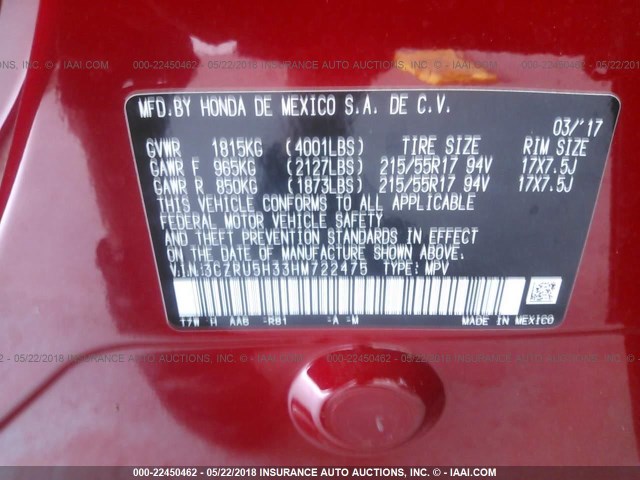 3CZRU5H33HM722475 - 2017 HONDA HR-V LX RED photo 9