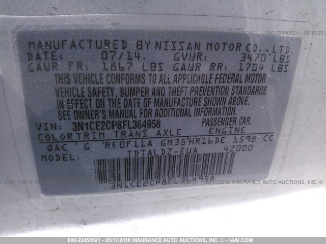 3N1CE2CP8FL364958 - 2015 NISSAN VERSA NOTE S/S PLUS/SV/SL/SR WHITE photo 9