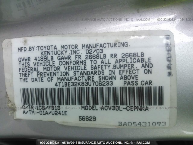 4T1BE32K83U706233 - 2003 TOYOTA CAMRY LE/XLE/SE ვერცხლისფერი ფოტო 9