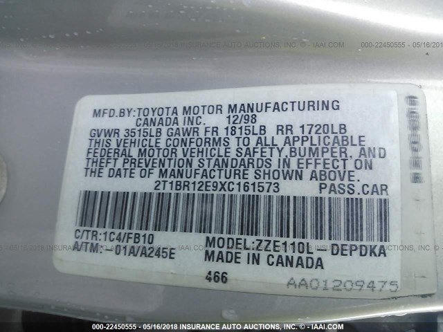 2T1BR12E9XC161573 - 1999 TOYOTA COROLLA VE/CE/LE 银色 照片 9