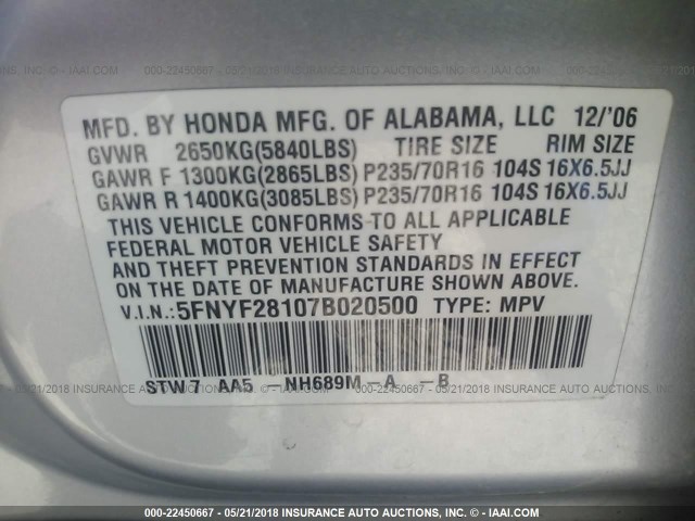 5FNYF28107B020500 - 2007 HONDA PILOT LX SILVER photo 9