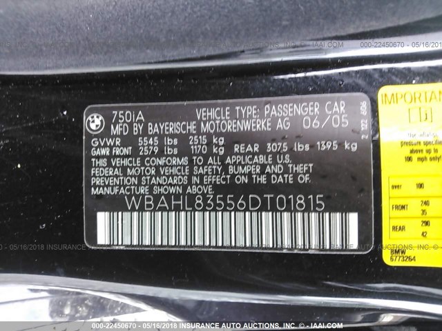 WBAHL83556DT01815 - 2006 BMW 750 I BLACK photo 9