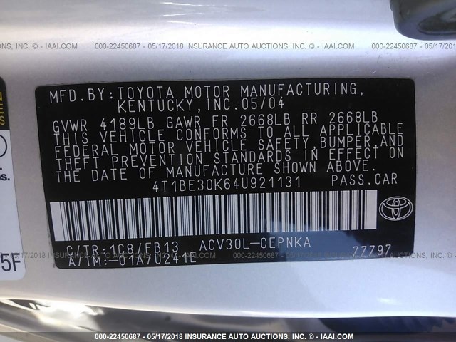 4T1BE30K64U921131 - 2004 TOYOTA CAMRY LE/XLE/SE ვერცხლისფერი ფოტო 9