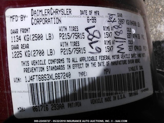 1J4FT68S3XL667240 - 1999 JEEP CHEROKEE SPORT/CLASSIC წითელი ფოტო 9