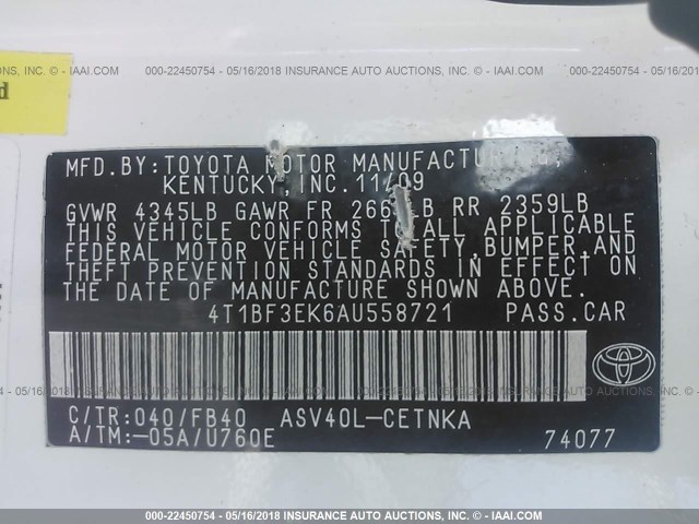 4T1BF3EK6AU558721 - 2010 TOYOTA CAMRY SE/LE/XLE 白色 照片 9