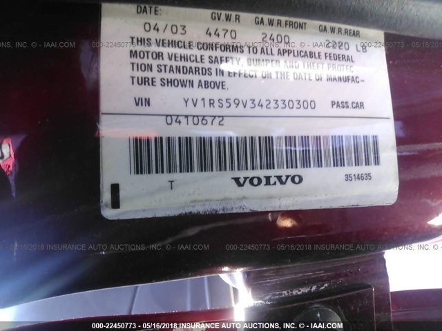 YV1RS59V342330300 - 2004 VOLVO S60 2.5T RED photo 9