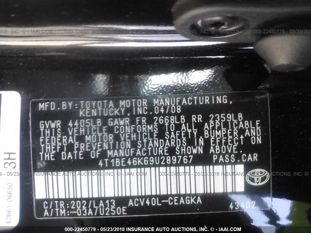 4T1BE46K69U289767 - 2009 TOYOTA CAMRY SE/LE/XLE BLACK photo 9