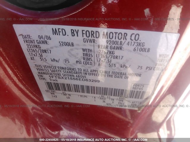 1FTSX21556ED63299 - 2006 FORD F250 SUPER DUTY RED photo 9