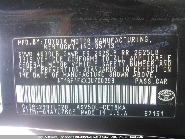 4T1BF1FKXDU700298 - 2013 TOYOTA CAMRY L/SE/LE/XLE 黑色 照片 9