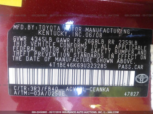 4T1BE46K69U323285 - 2009 TOYOTA CAMRY SE/LE/XLE RED photo 9