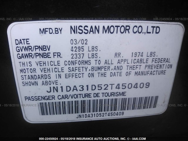 JN1DA31D52T450409 - 2002 NISSAN MAXIMA GLE/GXE/SE GRAY photo 9