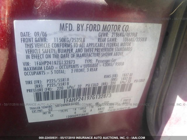 1FAHP24197G132873 - 2007 FORD FIVE HUNDRED SEL BURGUNDY photo 9