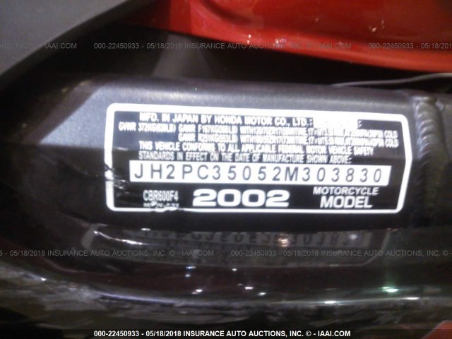 JH2PC35052M303830 - 2002 HONDA CBR600 F4 RED photo 9