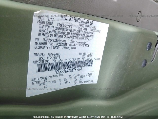 1FAHP34N38W165044 - 2008 FORD FOCUS S/SE GREEN photo 9