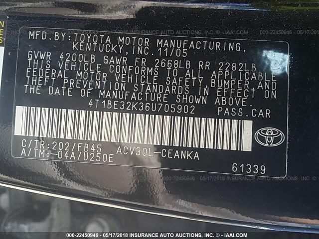 4T1BE32K36U705902 - 2006 TOYOTA CAMRY LE/XLE/SE შავი ფოტო 9