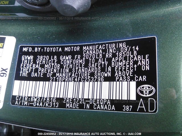 2T1BPRHE4FC253796 - 2015 TOYOTA COROLLA ECO/ECO PLUS/ECO PREMIUM GREEN photo 9