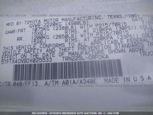 5TFTX4CN9DX025533 - 2013 TOYOTA TACOMA ACCESS CAB Weiß Foto 9