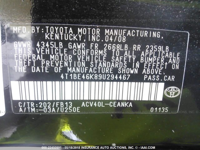 4T1BE46K89U294467 - 2009 TOYOTA CAMRY SE/LE/XLE 黑色 照片 9