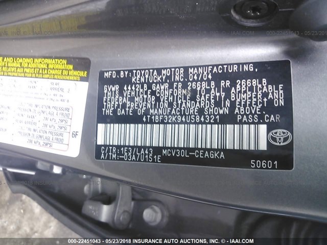 4T1BF32K94U584321 - 2004 TOYOTA CAMRY LE/XLE/SE ნაცრისფერი ფოტო 9