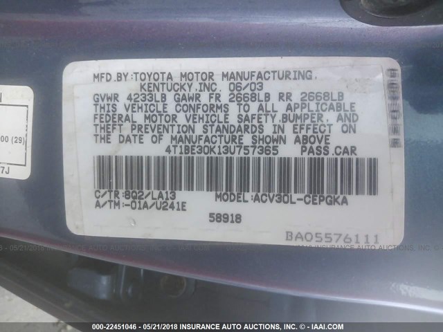 4T1BE30K13U757365 - 2003 TOYOTA CAMRY LE/XLE/SE BLUE photo 9