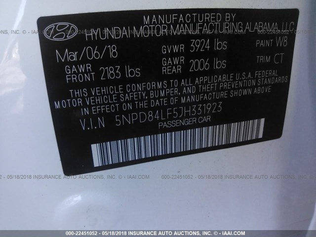 5NPD84LF5JH331923 - 2018 HYUNDAI ELANTRA SEL/VALUE/LIMITED WHITE photo 9