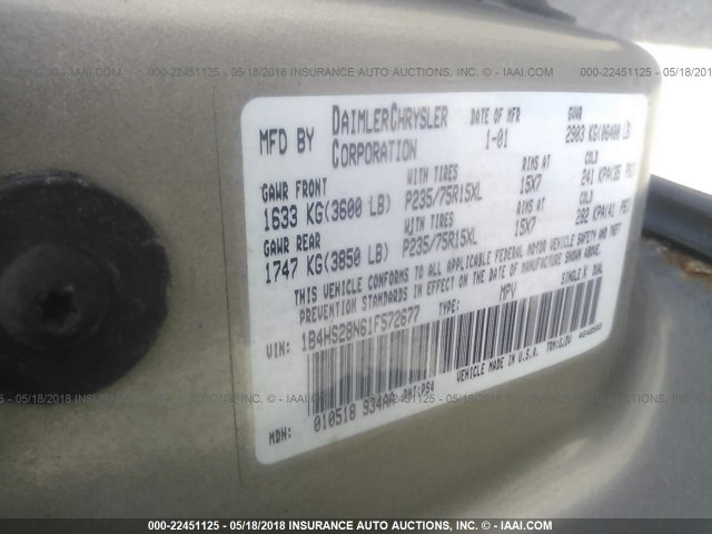 1B4HS28N61F572677 - 2001 DODGE DURANGO GRAY photo 9